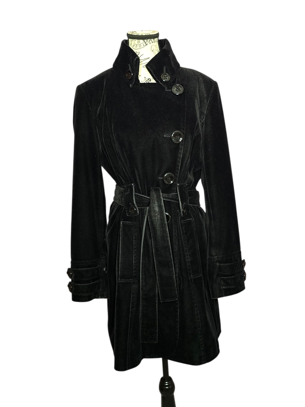 Gallery Black Velvet Gothic Dark Trench Coat with Belt M
